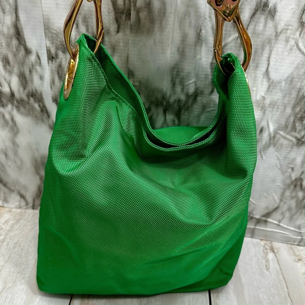 Vibrant Green Nylon Hobo Shoulder Bag Black Strap Gold Hardware Tote Bold Bright